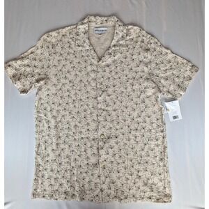 Thomas Sterling Button Down Short Sleeve Shirt Mens M Beige Floral 100% Cotton